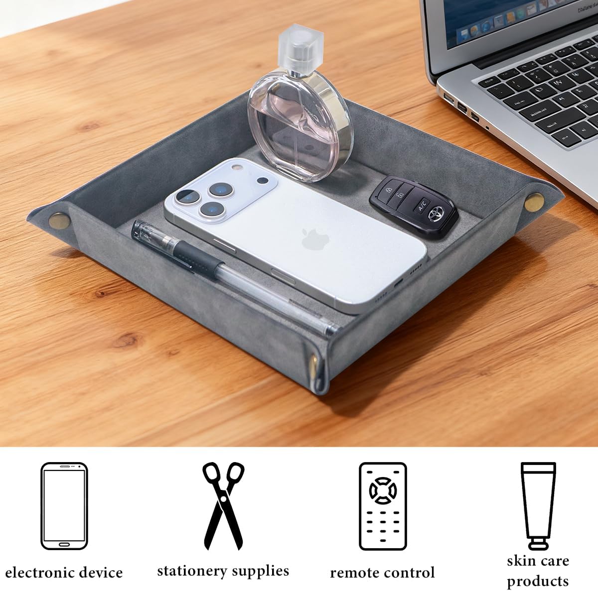 Valet Tray Desktop Storage Organizer – Premium PU Leather Catchall Bedside Vanity Tray Nightstand Caddy Holder for Remote Controller, Keys, Phone, Wallet, Coin, Jewelry,Brown