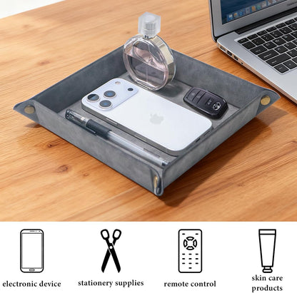 Valet Tray Desktop Storage Organizer – Premium PU Leather Catchall Bedside Vanity Tray Nightstand Caddy Holder for Remote Controller, Keys, Phone, Wallet, Coin, Jewelry,Brown
