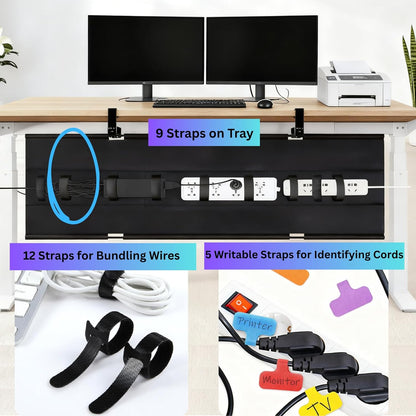 Under Desk Cable Management Tray, 48" Extra Large No Drill Cord Organizer with Easy to Clean Oxford Fabric, Clamp On Power Stripe Holder for Office, Home Office & Gaming Space