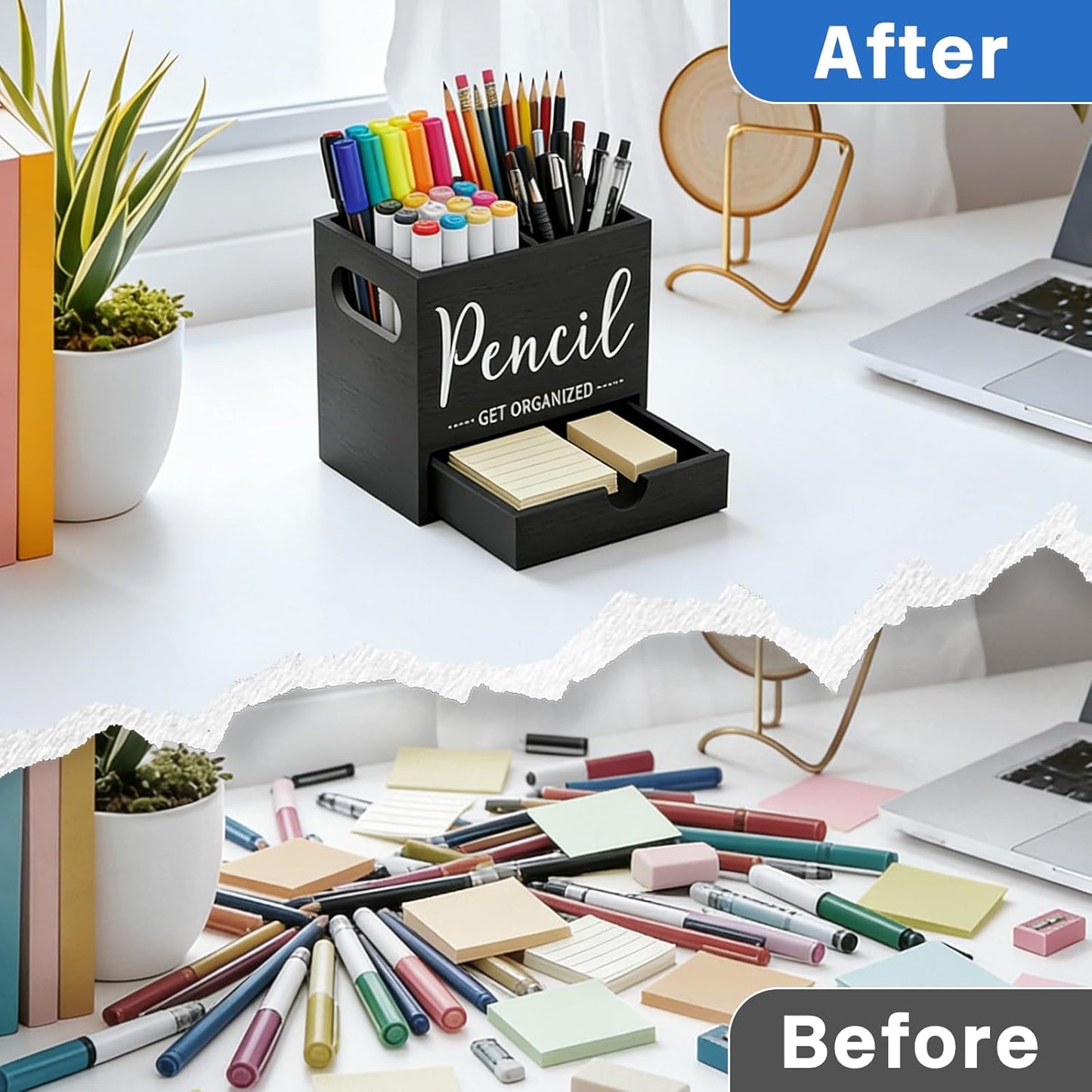 Pen Holder for Desk, Wood Pencil Organizer with Drawer, Marker Holder with 2 Compartments, Pencil Cup for Home, Office, Classroom, Teacher Supplies (White)