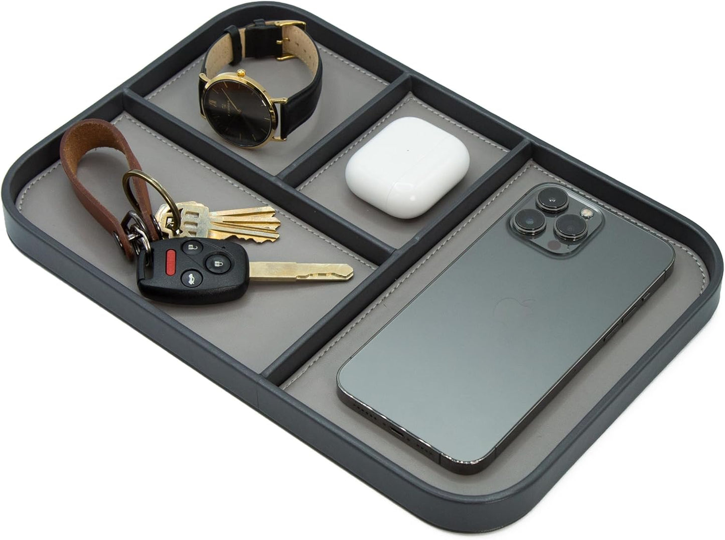 MUUJEE Leather Catchall Multitray (Design 3) - 11.65 x 7.75 x 0.8, Nightstand Entryway Bedside Dump Tray Valet Organizer for Keys Phone Wallet Watch Glasses Pens, Office Desk Accessory for Men, Green
