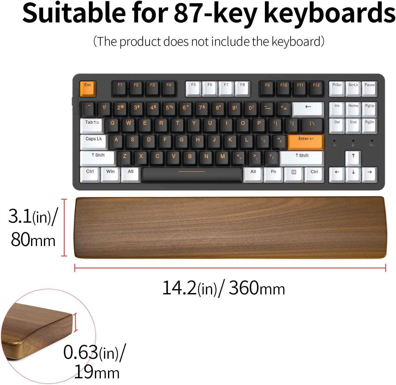 Walnut Wooden Wrist Rest for Mechanical Keyboard, Ergonomic Design for Wrist Pain Relief, Smooth No Odor and Easy to Clean, Support Wrist to Coding Typing and Playing (for 104 Key)