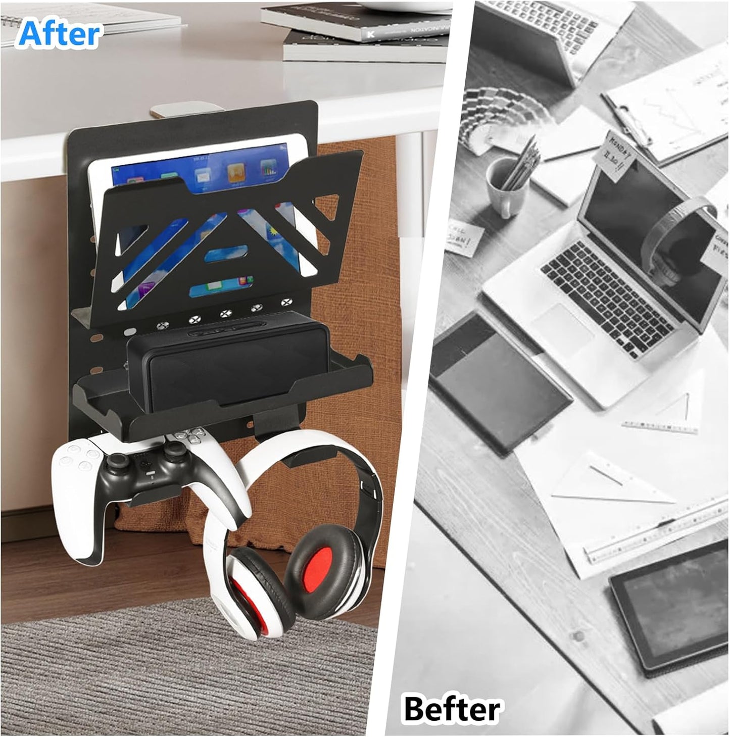 MAXECHO Desk Side Storage, Under Desk Laptop Mount, Table Side Hanging File Organizer, No Drill Clamp On Cable Management Tray, Laptop Holder with Magnetic Pen Holder for Office and Home, Load 22 Lbs