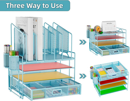Marbrasse Desk Organizer with Drawer, 4-Tier Mesh File Organizer with 5 Vertical File Holders and 2 Pen Holders, Multifunction Desktop Organizer,Desk Organizers and Accessories for Home Office