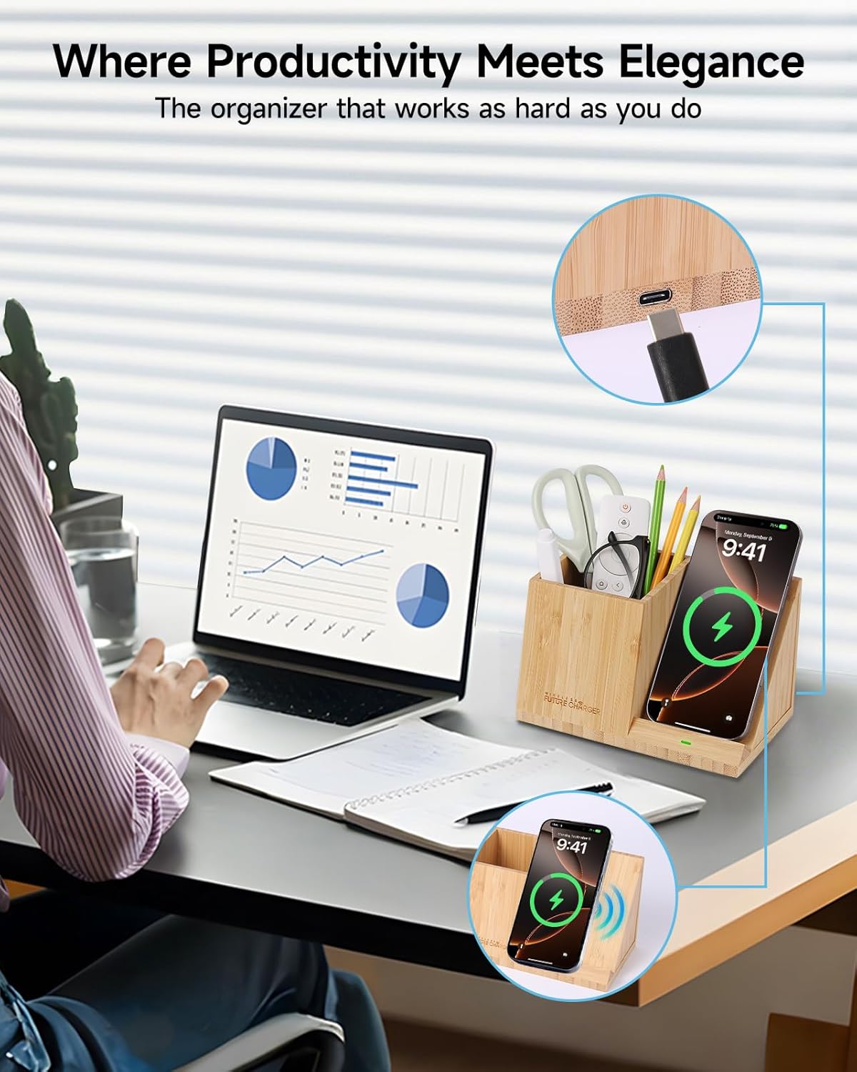 Bamboo Pen Holder for Desk & Nightstand Organizer with Fast Wireless Charging for iPhone, Samsung & More – Office Desk Accessories for Men/Women (Natural)