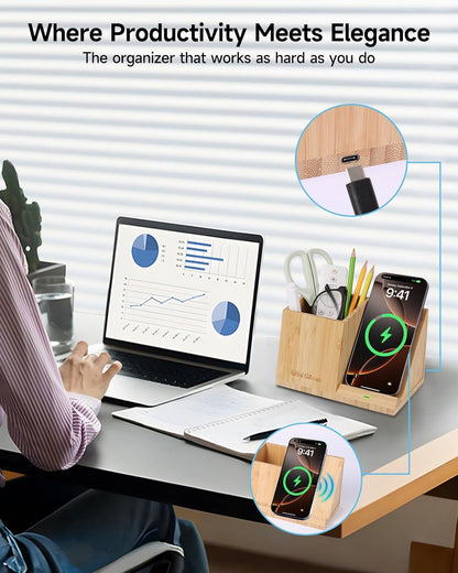 Bamboo Pen Holder for Desk & Nightstand Organizer with Fast Wireless Charging for iPhone, Samsung & More – Office Desk Accessories for Men/Women (Natural)