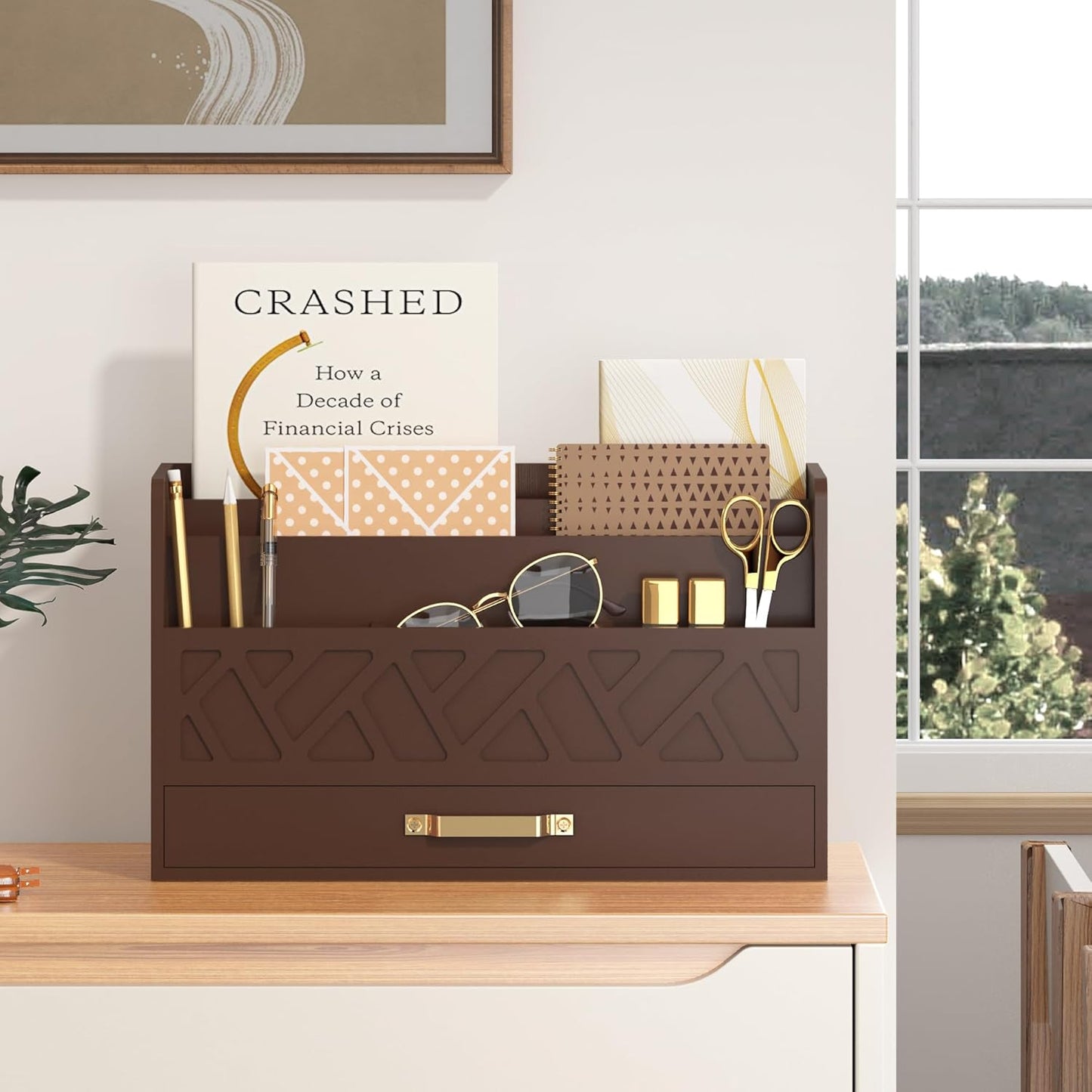 WISUCART Bamboo Desk Organizer Mail Holder Countertop Wood Desk Drawer Tabletop Storage Box Pen Holder Letter Sorter Makeup Organizer for School Home Office Supplies with Pen Holder White
