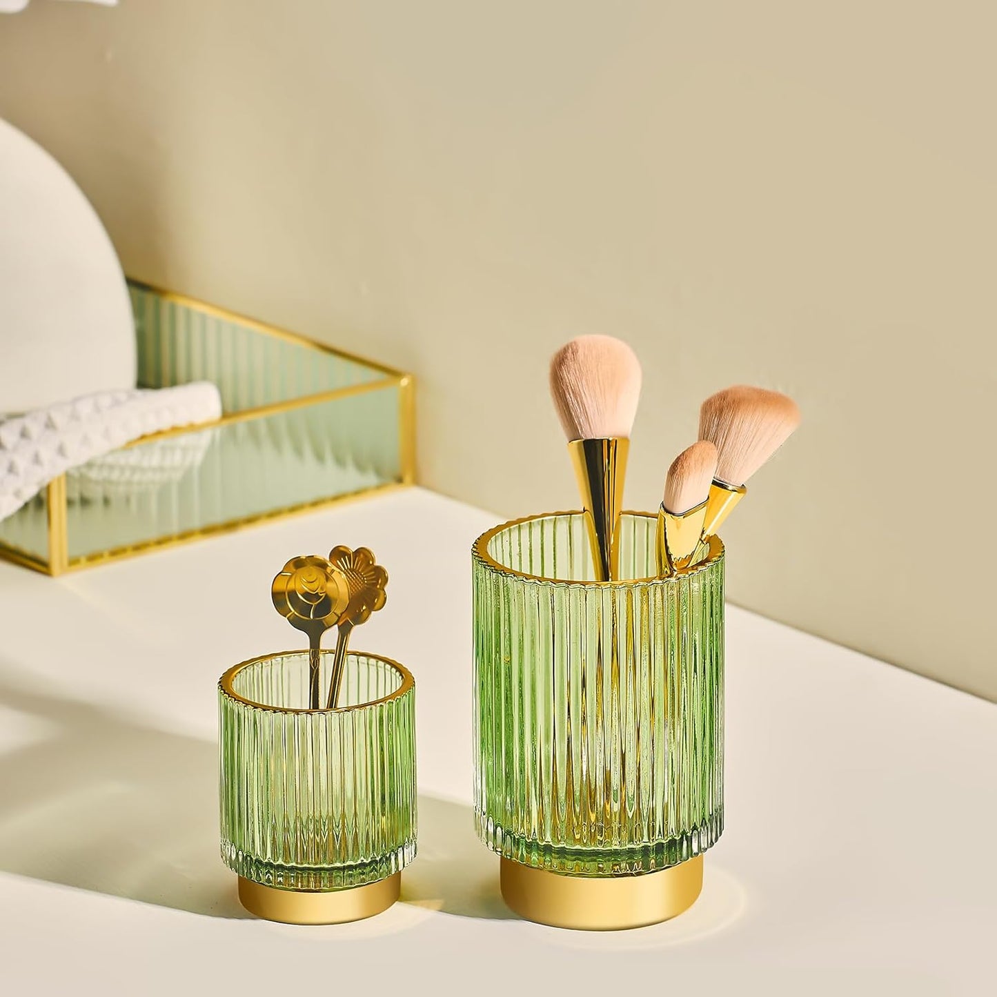 Makeup Brush Holder Organizer,Toothbrush Holders,Desk Pen Pencil Holder,Multifunctional Vintage Glass Brush Cup（L/Green/A3-6-US）