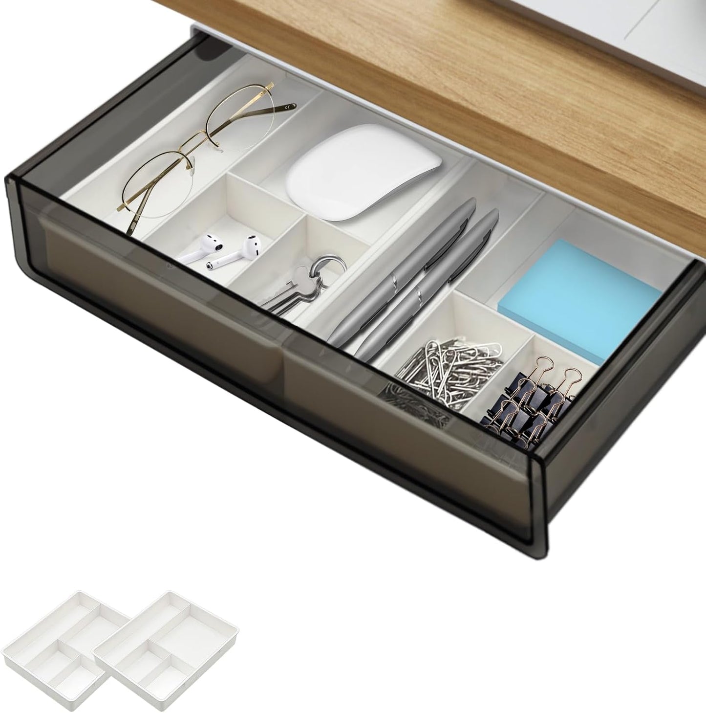 SVNNELP Under Desk Table Drawer Storage Organizer, Slide Out Drawer with 4 Compartments Divider,Pencil Storage Self-Adhesive Tray Under Table (M/Clear Black+White)