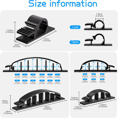 XHF 100pcs Adhesive Cable Wire Clips Black, Outdoor Cable Management Wire Organizer Cord Holder for Under Desk, Car, Wall, TV PC Ethernet Cable