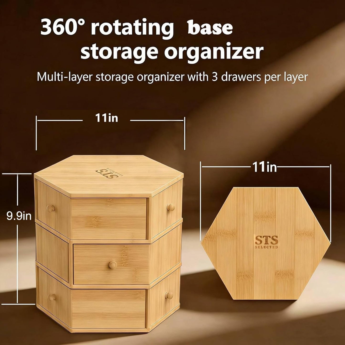360° Rotatable Bamboo Desktop Organizer, Large Capacity Cosmetic & Jewelry Storage for Makeup Serum, Diamond, Easy Setup No Assembly (4-Tier 12-Drawers)