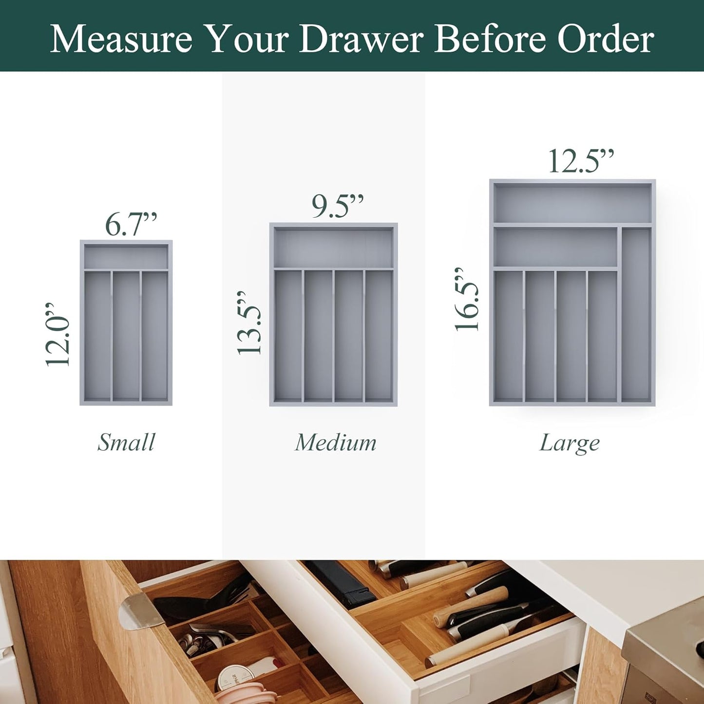 Small Silverware Organizer, Bamboo Kitchen Drawer Organizer, Utensil Holder, Cutlery Tray & Spoon Flatware Storage with Grooved Drawer Dividers (6.7''W x 12''D)