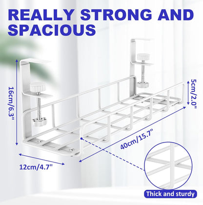 15.7” Under Desk Cable Management Tray, No Drill Steel Cable Tray Organizers, Wire Management Tray Cable Rack with Clamp Mount, Metal Under Desk Tray with Wire and Cord Organizer (Black, 1 Pack)