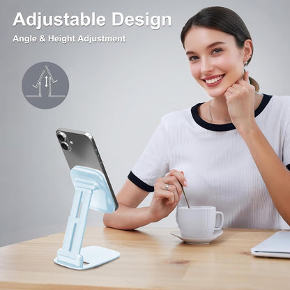 DEERLAMN Cell Phone Stand for Desk, Height Adjustable Cell Phone Holder Portable Desktop Stand, Travel Home Office Desk Accessories Compatible with iPhone 16/15/14/13/12/11 All Smartphone - Pink