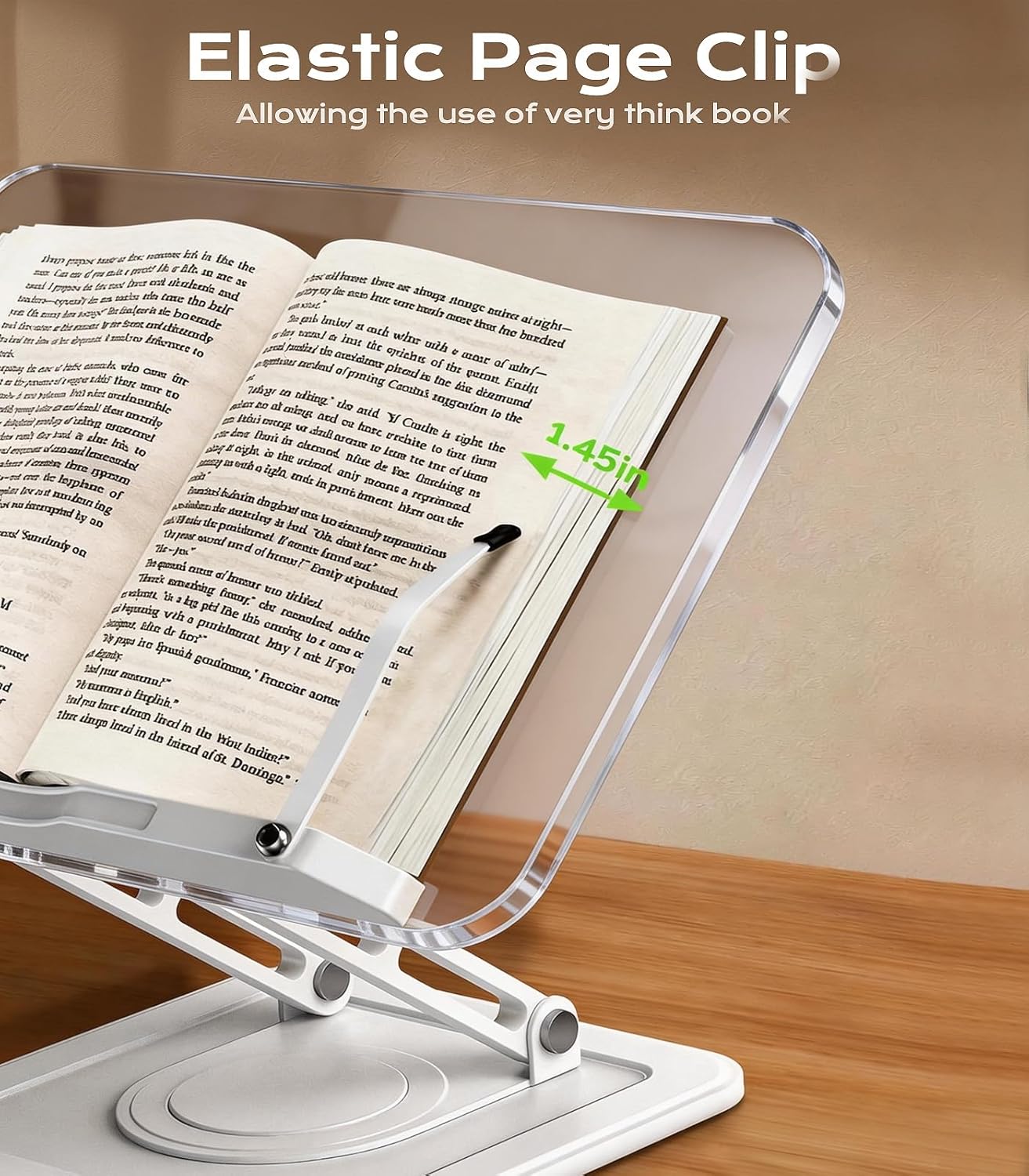Book Stand for Reading, Adjustable Book Holder with 360°Rotating Bases, Ergonomic Cookbook Stand Recipe Book Holder with Elastic Page Clips for Magazines, Tablets, Laptops,Black