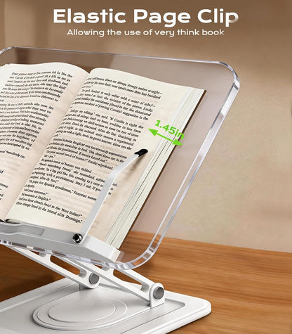 Book Stand for Reading, Adjustable Book Holder with 360°Rotating Bases, Ergonomic Cookbook Stand Recipe Book Holder with Elastic Page Clips for Magazines, Tablets, Laptops,Black