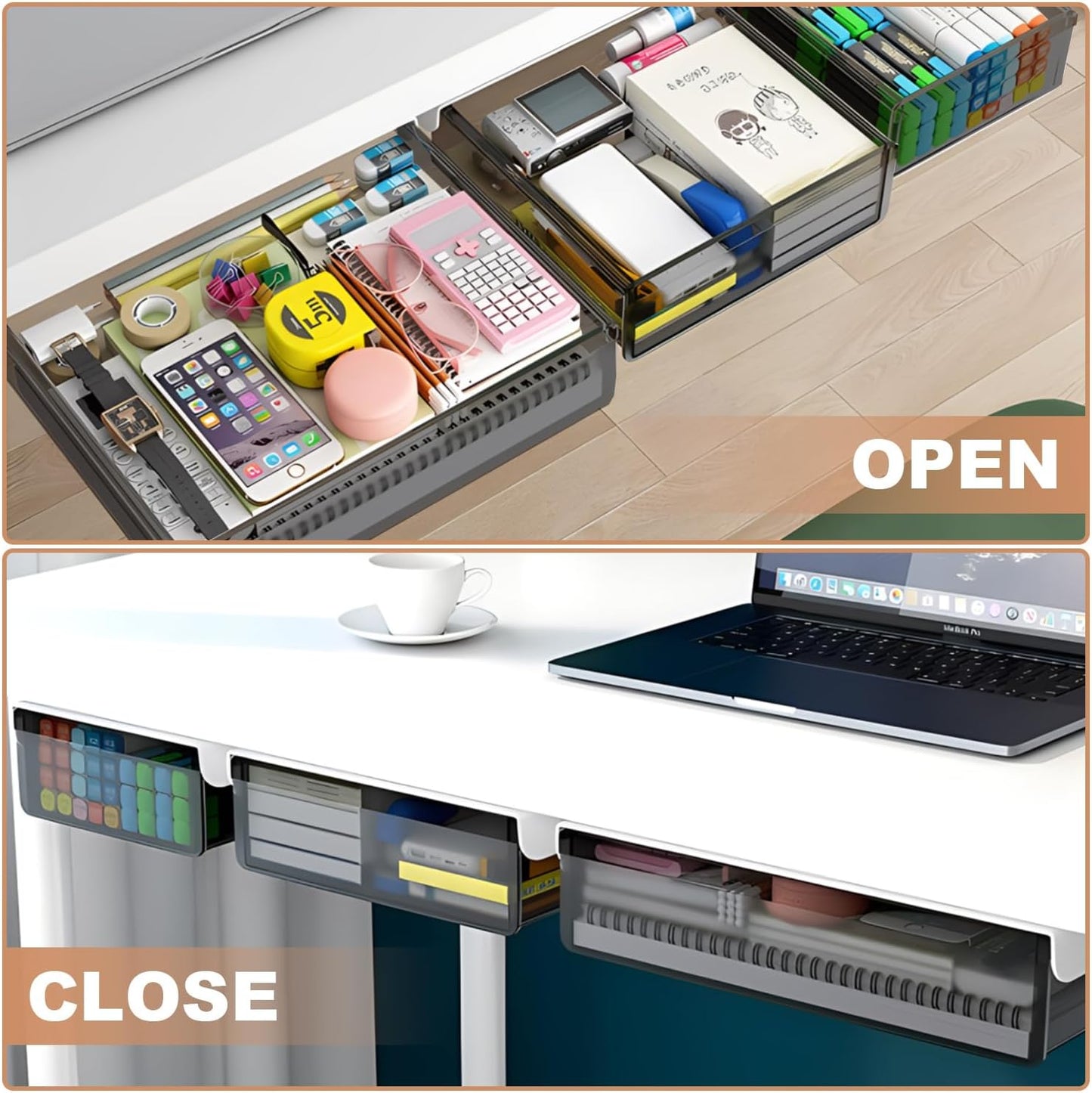 SVNNELP Under Desk Table Drawer Storage Organizer,3 Pack Large & Medium & Small Slide Out Desk Drawers - Hidden Desktop Organizer,Attachable Pencil Storage Tray Under Table(SML)