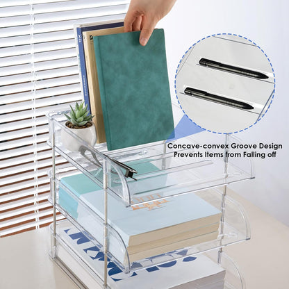 Clear Stackable Paper Trays 4 Pack, PET Letter Tray Desk Organizer, Desktop Organizers and Storage for Books, Magazines, Folders, A4 Size File Paper, Office Supplies