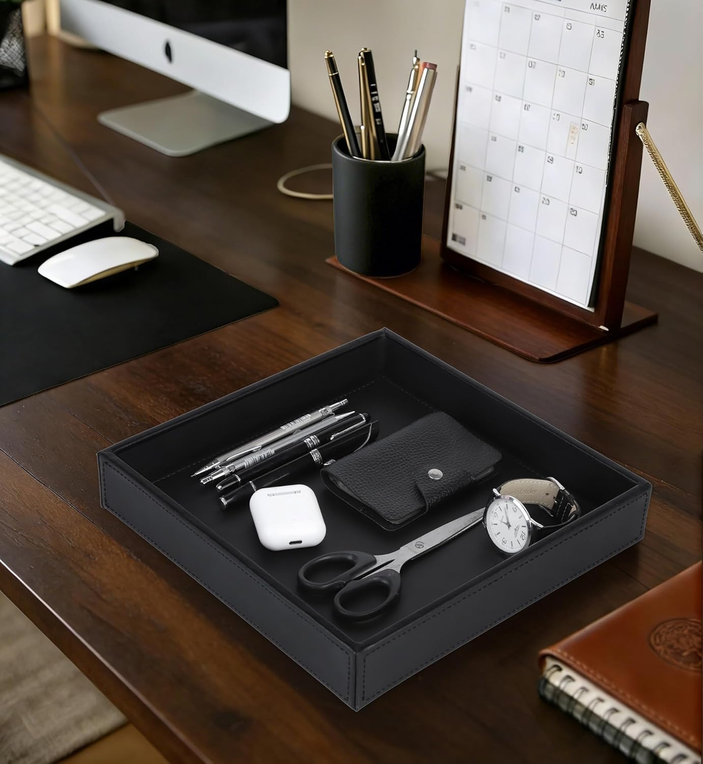 HofferRuffer Faux Leather Vanity Tray, Elegant Desktop Storage Organizer, Decorative Catchall for Perfume, Bathroom Valet, Nightstand or Dresser, Black, 10.2 x 8.4 x 1.8 Inches