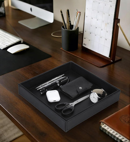 HofferRuffer Faux Leather Vanity Tray, Elegant Desktop Storage Organizer, Decorative Catchall for Perfume, Bathroom Valet, Nightstand or Dresser, Black, 10.2 x 8.4 x 1.8 Inches