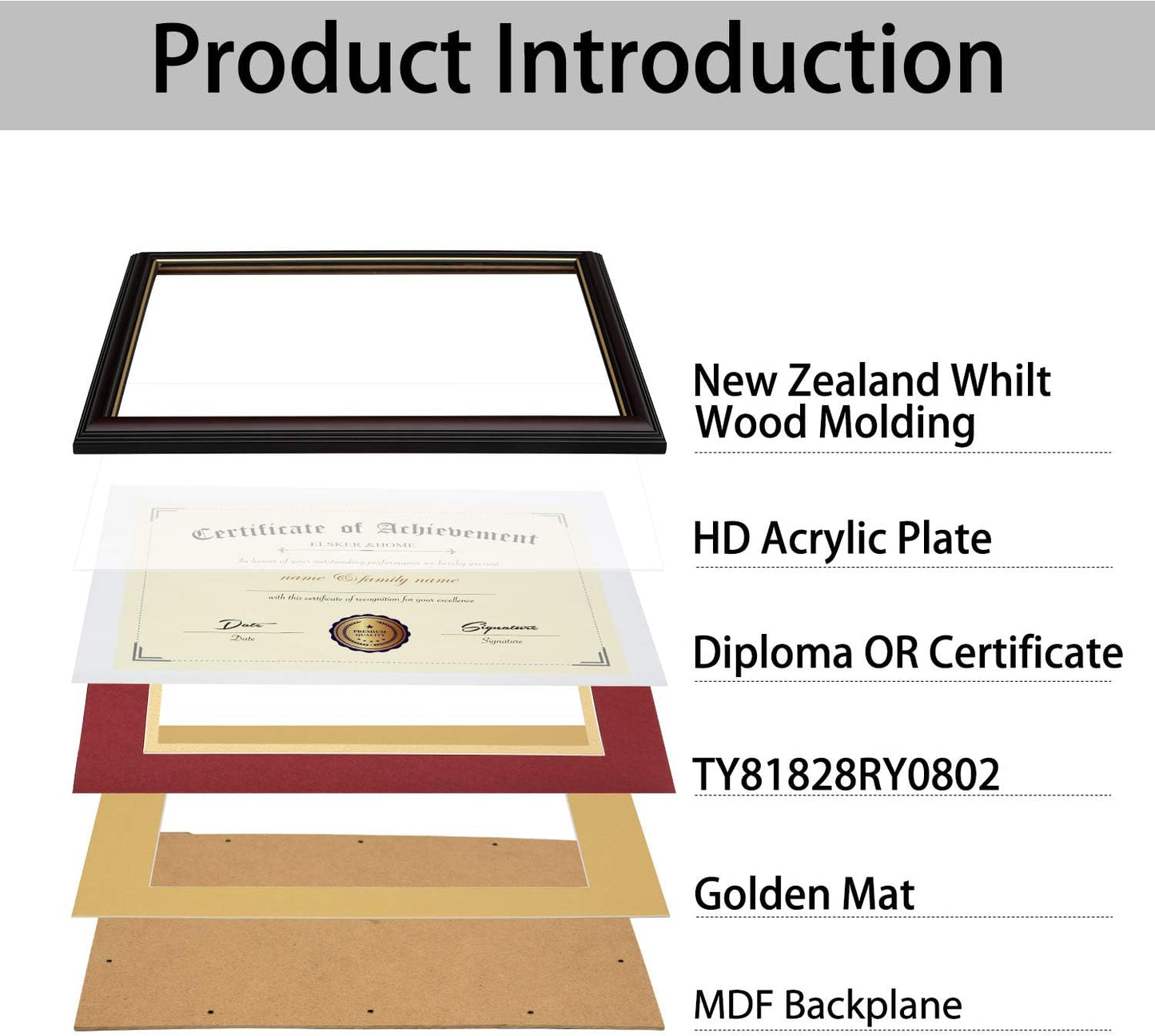 ELSKER&HOME Diploma Frame - Wide Solid Wood Frame - Black Velvet Golden Rim Mat - Semi-Tempered Glass - Includes Hanging Hardware and Desktop Easel(ONLY Display 11×14 Document/Certificate)