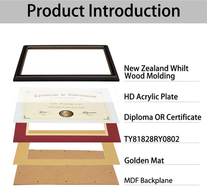 ELSKER&HOME Diploma Frame - Wide Solid Wood Frame - Black Velvet Golden Rim Mat - Semi-Tempered Glass - Includes Hanging Hardware and Desktop Easel(ONLY Display 11×14 Document/Certificate)