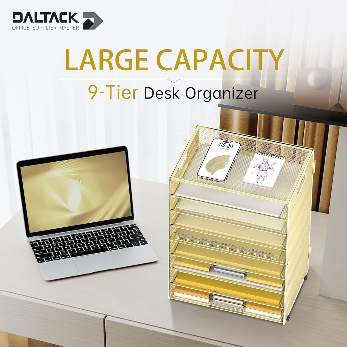 DALTACK 9-Tier Paper Organizer for Desk, Mesh Letter Tray Desk Organizer with Handles, Space-Saving File Organizer for Office Home School Classroom, Black
