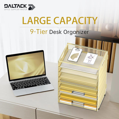 DALTACK 9-Tier Paper Organizer for Desk, Mesh Letter Tray Desk Organizer with Handles, Space-Saving File Organizer for Office Home School Classroom, Black