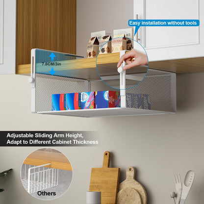 AmonHouseware 2Pack Under Shelf Basket Organizer,Adjustable Hanging Holder for Cabinet Pantry Kitchen Cupboard Desk Counter Bookshelf Organization Add-on Space Saver Heavy Duty Slide-in (Black, Large)