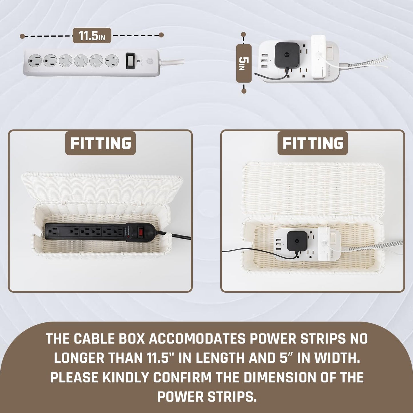 Cable Management Box, Handmade Rattan Cable Organizer with 2 Open Slots, Cord Hider for Power Strip, Router & USB Hub, Registered U.S. Design Patent (D1,112,102), 13" x 5.1" x 5.1", Natural
