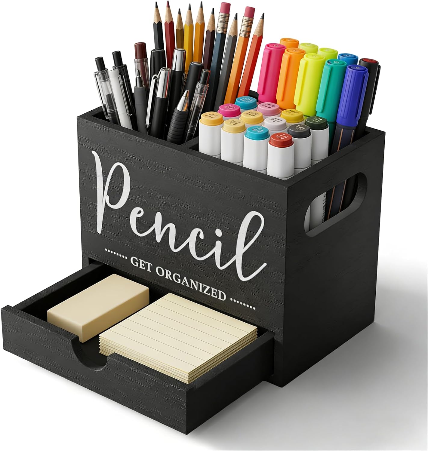 Pen Holder for Desk, Wood Pencil Organizer with Drawer, Marker Holder with 2 Compartments, Pencil Cup for Home, Office, Classroom, Teacher Supplies (White)