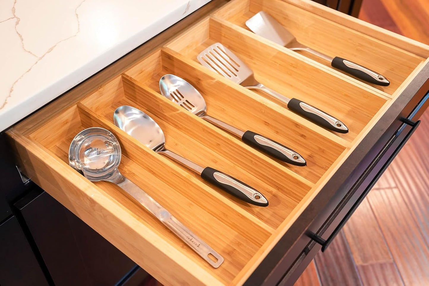 Umilife Bamboo Kitchen Drawer Organizer, 13 Inch Silverware Utensil Tray Holder, Extra Deep Grooved Drawer Divider, 7 Slots Total Bamboo Wood Caddy for Flatware Cutlery Knives, Forks, Spoons