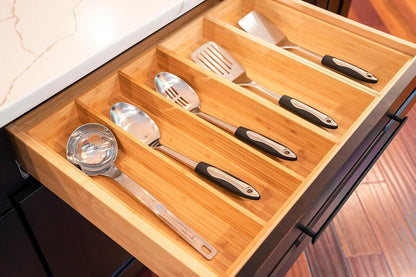 Umilife Bamboo Kitchen Drawer Organizer, 13 Inch Silverware Utensil Tray Holder, Extra Deep Grooved Drawer Divider, 7 Slots Total Bamboo Wood Caddy for Flatware Cutlery Knives, Forks, Spoons