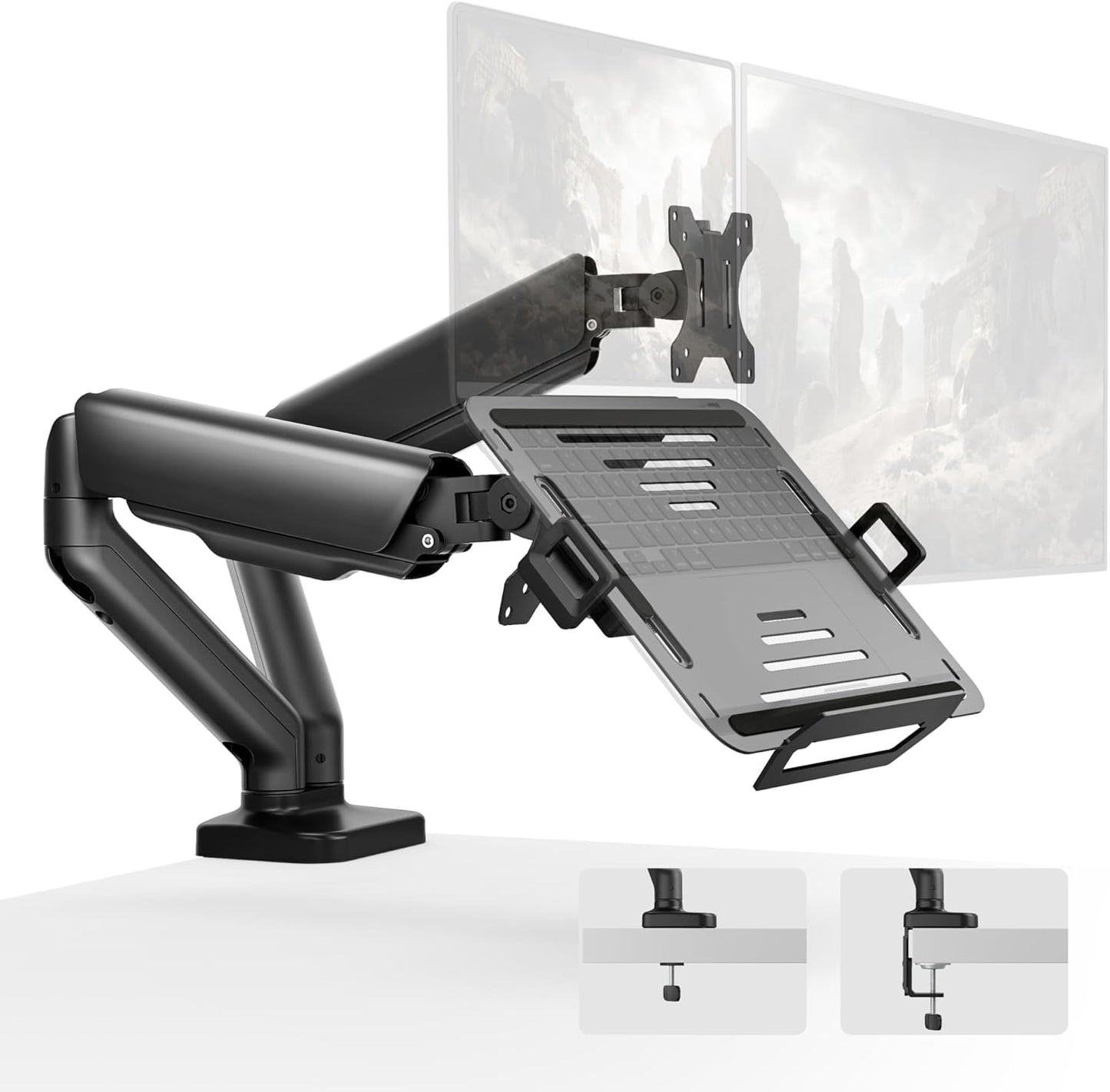monTEK Laptop Arm Mount for Desk, 2-in-1 Monitor & Laptop Stand with Adjustable Laptop Tray, Fits Max 18" Notebook and 32" Screen, Aluminum Single Monitor Holder with VESA 75/100, Clamp/Grommet, Black