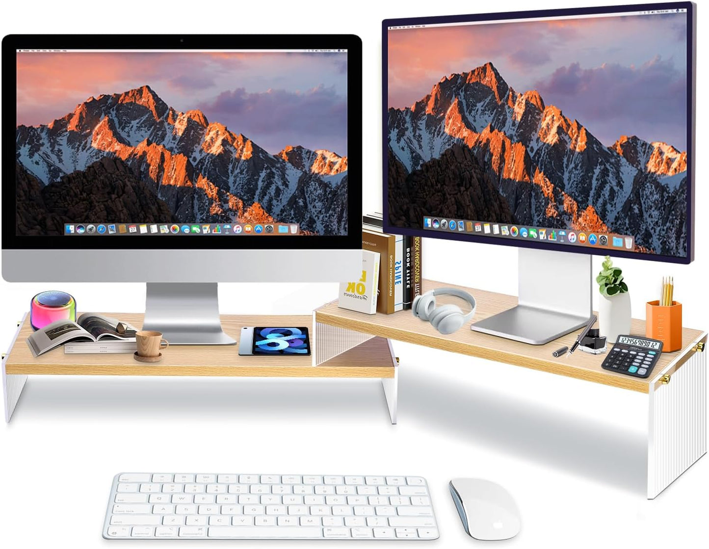 YGYQZ Adjustable Monitor Stand Riser with Acrylic Legs丨7.67" Wide Dual Monitor Stand for Desk丨2-Tier Wood Desktop Organizer for Computer, Laptop, Printer & PC丨Modern Aesthetic Desk Shelf(wood-flat)