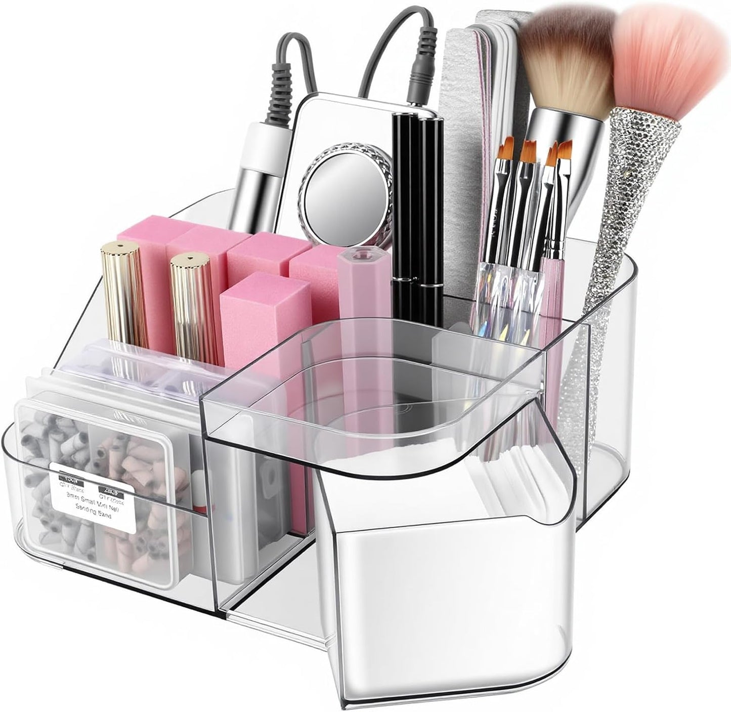 BQAN Transparent Acrylic Nail Desk Organizer with Spinning Drawer, Drill & Brush Holder, Desktop Manicure Tool Storage for Nail Techs, Makeup, Skin Care (Black) - Professional Salon or Home Use