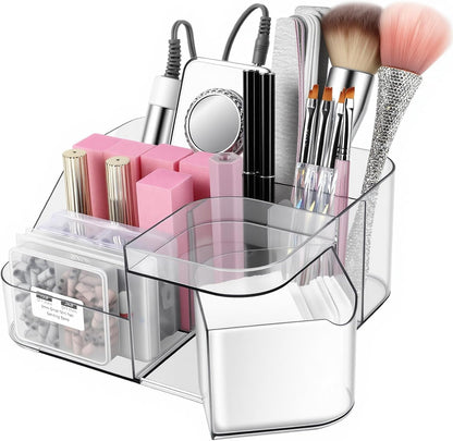 BQAN Transparent Acrylic Nail Desk Organizer with Spinning Drawer, Drill & Brush Holder, Desktop Manicure Tool Storage for Nail Techs, Makeup, Skin Care (Black) - Professional Salon or Home Use