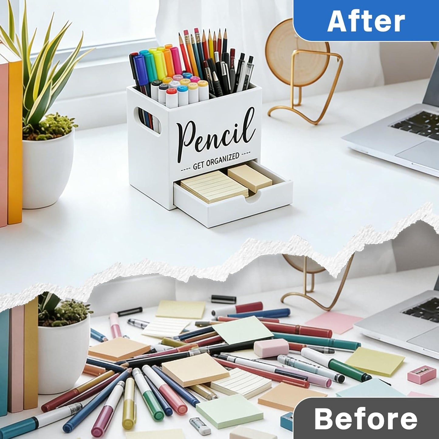 Pen Holder for Desk, Wood Pencil Organizer with Drawer, Marker Holder with 2 Compartments, Pencil Cup for Home, Office, Classroom, Teacher Supplies (White)