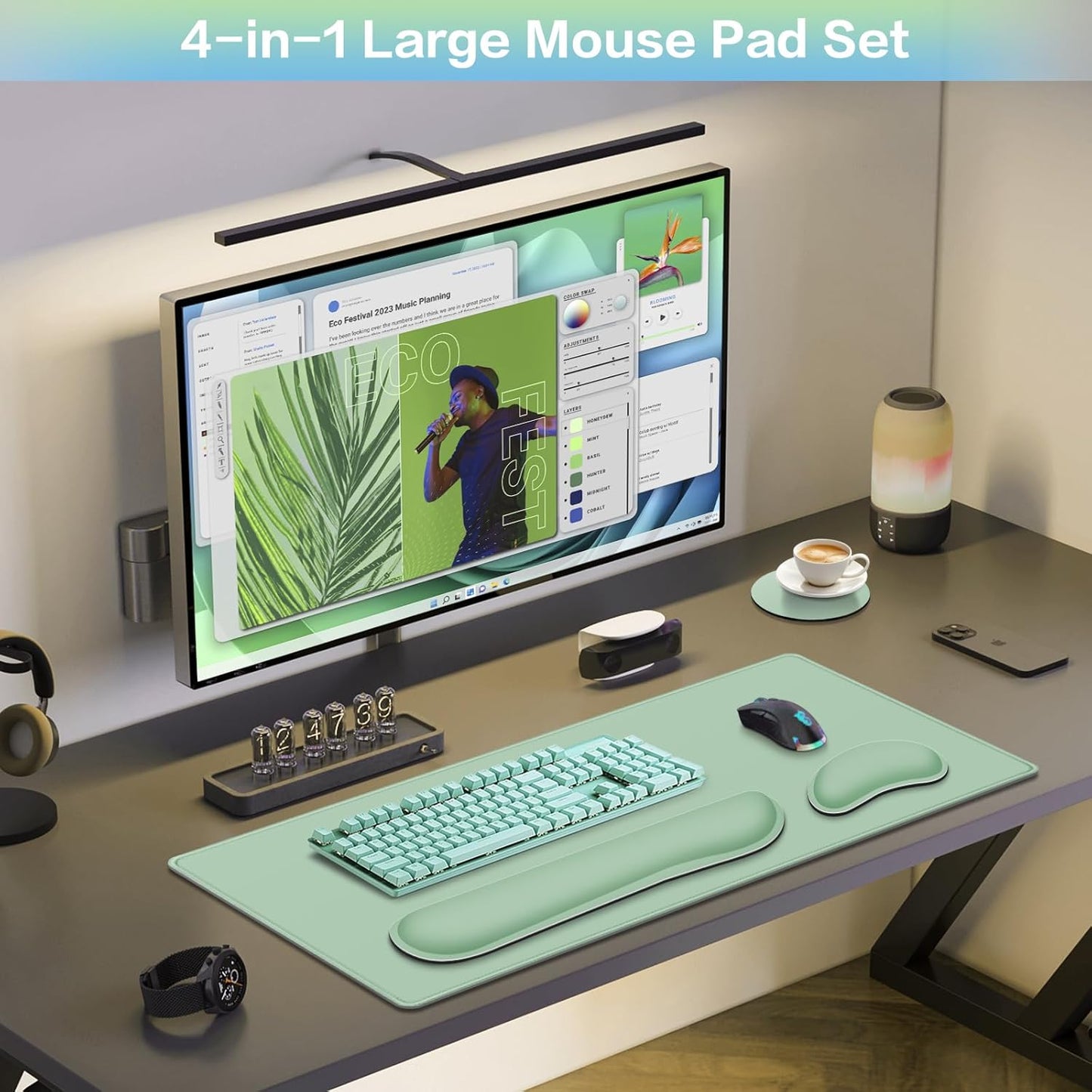 Desk Mat, Large Gaming Mouse Pad with Wrist Rest, 4in1 XXL Mousepad+Keyboard Wrist Rest+Mouse Pad Wrist Support+Cup Coaster Set Ergonomic Floral Computer Desk Arm Wrist for Decor Home Office Women