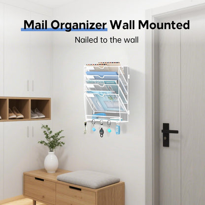 5 Tier Wall File Organizer - Hanging File Organizer with 5 Hooks, Mail Holder Wall Mounted for Papers, Folders, Magazines, Bills, Office&School Organization, Black