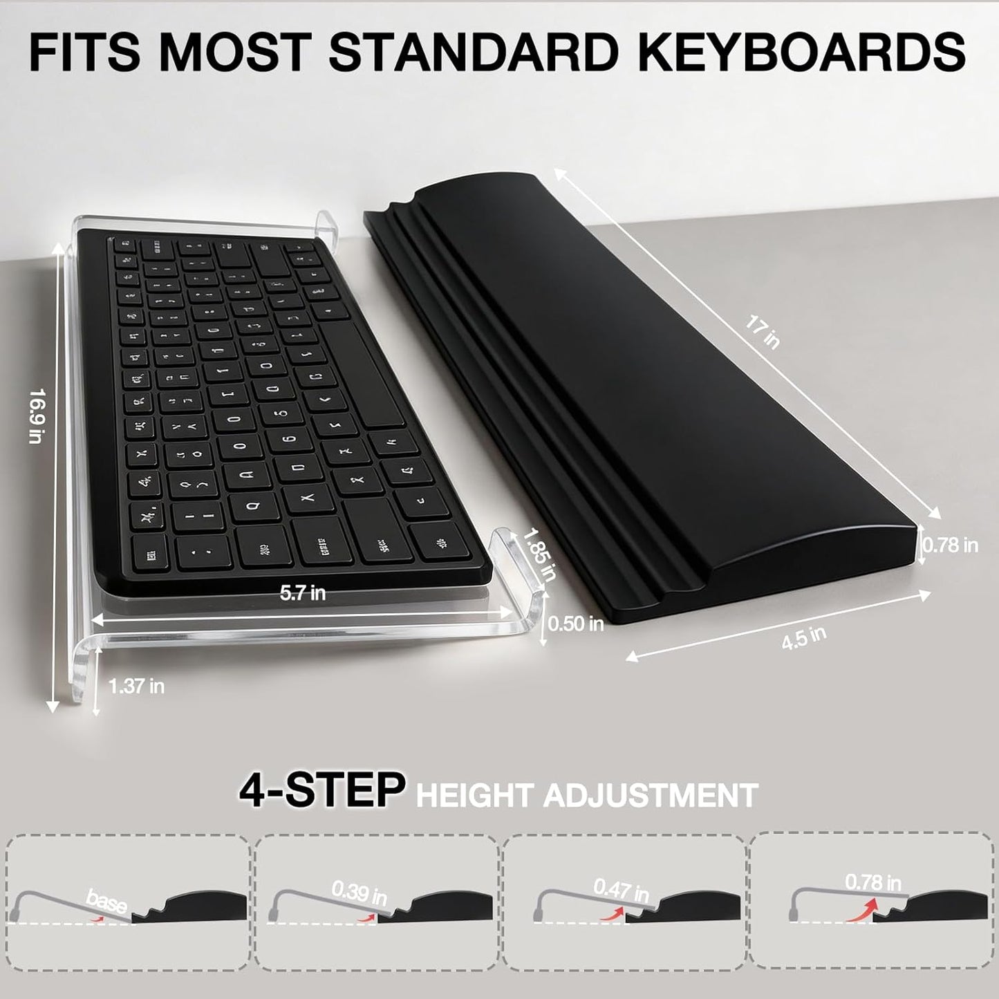 Acrylic Keyboard Stand w/Silicone Wrist Rest 4-Level Height Adjustment, Ergonomic 16.9 x 5.7 inches Computer Keyboard Riser for Easy Typing Office, Gaming, and Home Desks Black