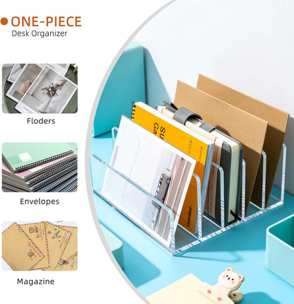 Clear Acrylic Desk Organizer – 3 Compartment Mail Holder & Letter Sorter for Office, Bills, Documents, Notebooks, Letter Tray – Modern Vertical File Rack for Home, Desk File Holder