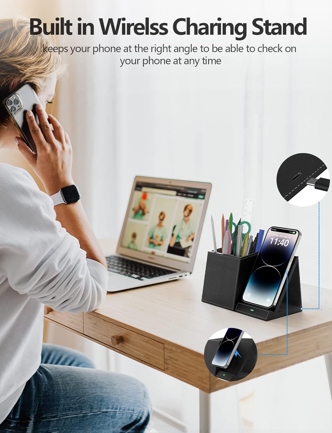 Bamboo Pen Holder for Desk & Nightstand Organizer with Fast Wireless Charging for iPhone, Samsung & More – Office Desk Accessories for Men/Women (Natural)