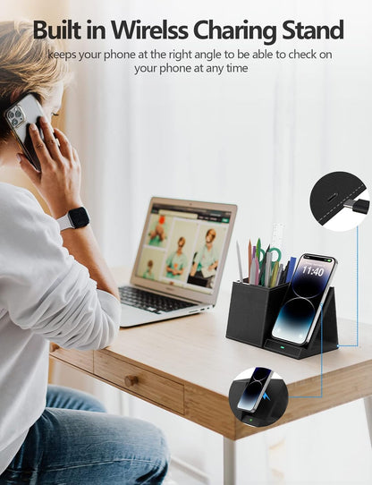 Bamboo Pen Holder for Desk & Nightstand Organizer with Fast Wireless Charging for iPhone, Samsung & More – Office Desk Accessories for Men/Women (Natural)