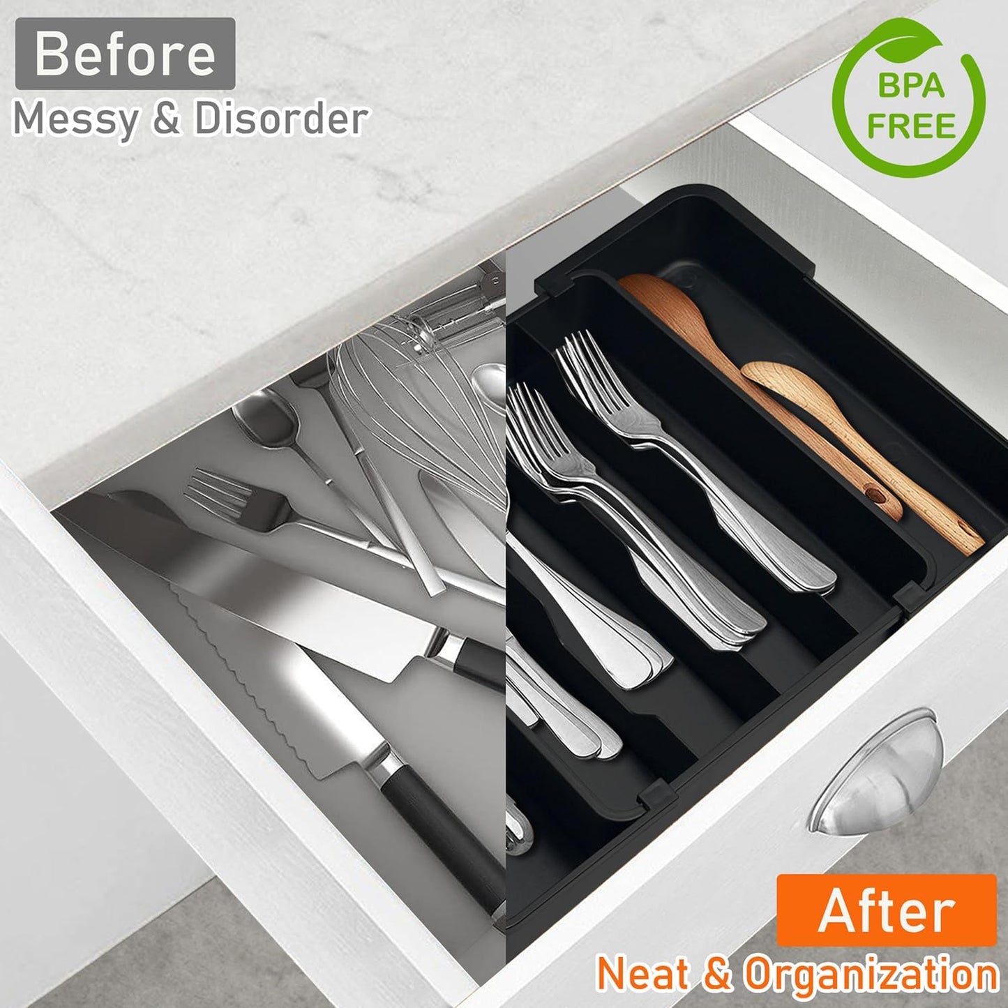 Spaclear Silverware Organizer - Expandable Kitchen Drawer Organizer, Utensil Drawer Organizer, Adjustable Plastic Flatware and Cutlery Holder, Kitchen Organizers Storage for Forks Knives, Black