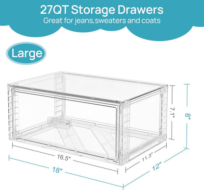 Vtopmart 2 Pack Large Clear Stackable Storage Drawers 27QT, Easily Assemble Plastic Closet Storage Bins, Dust-Proof UnderBed Organizer for Clothing, Sweater Organization