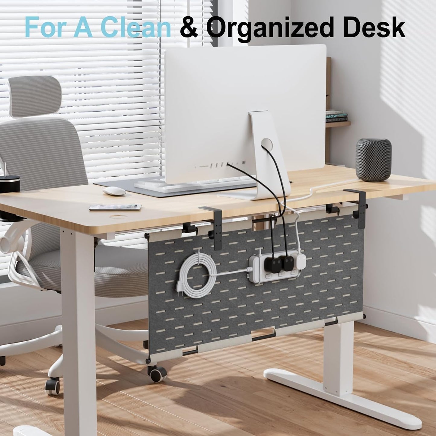 2-in-1 Under Desk Cable Management Tray & Privacy Panel, Dual-Sided Thick Felt Cord Organizer with 20 Cable Ties,Heavy Duty Steel Frame Support, No-Drill Clamp Mount,Large Capacity (Khaki/Gray, 45.2")