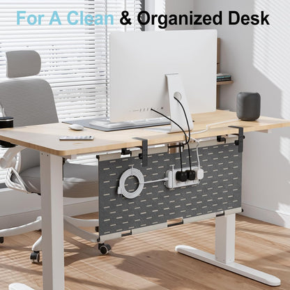 2-in-1 Under Desk Cable Management Tray & Privacy Panel, Dual-Sided Thick Felt Cord Organizer with 20 Cable Ties,Heavy Duty Steel Frame Support, No-Drill Clamp Mount,Large Capacity (Khaki/Gray, 45.2")