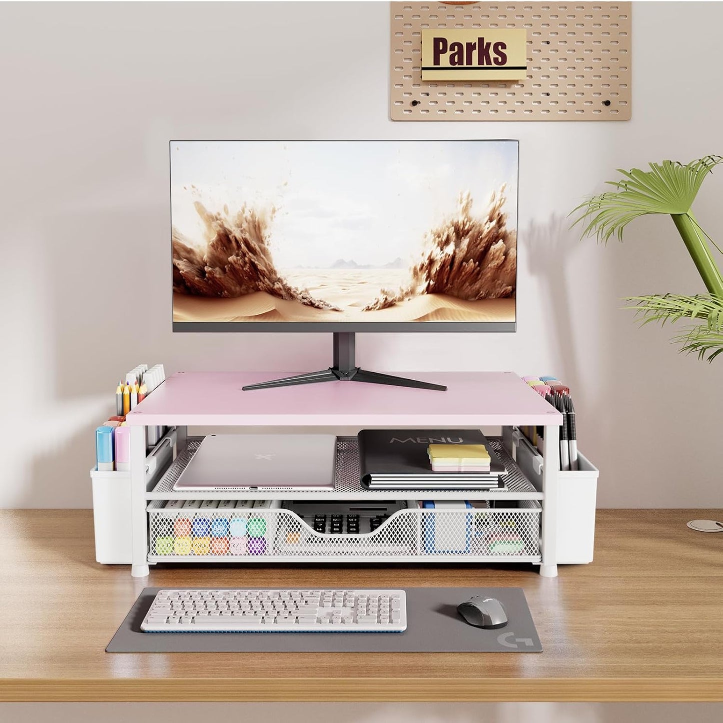 OPNICE Desk Organizers and Accessories, Computer Monitor Stand Riser with Drawer and 2 Pen Holders, Printer & Laptop Stand, Office Desk Accessories & Workspace Organizers for Home Office Supplies, Black
