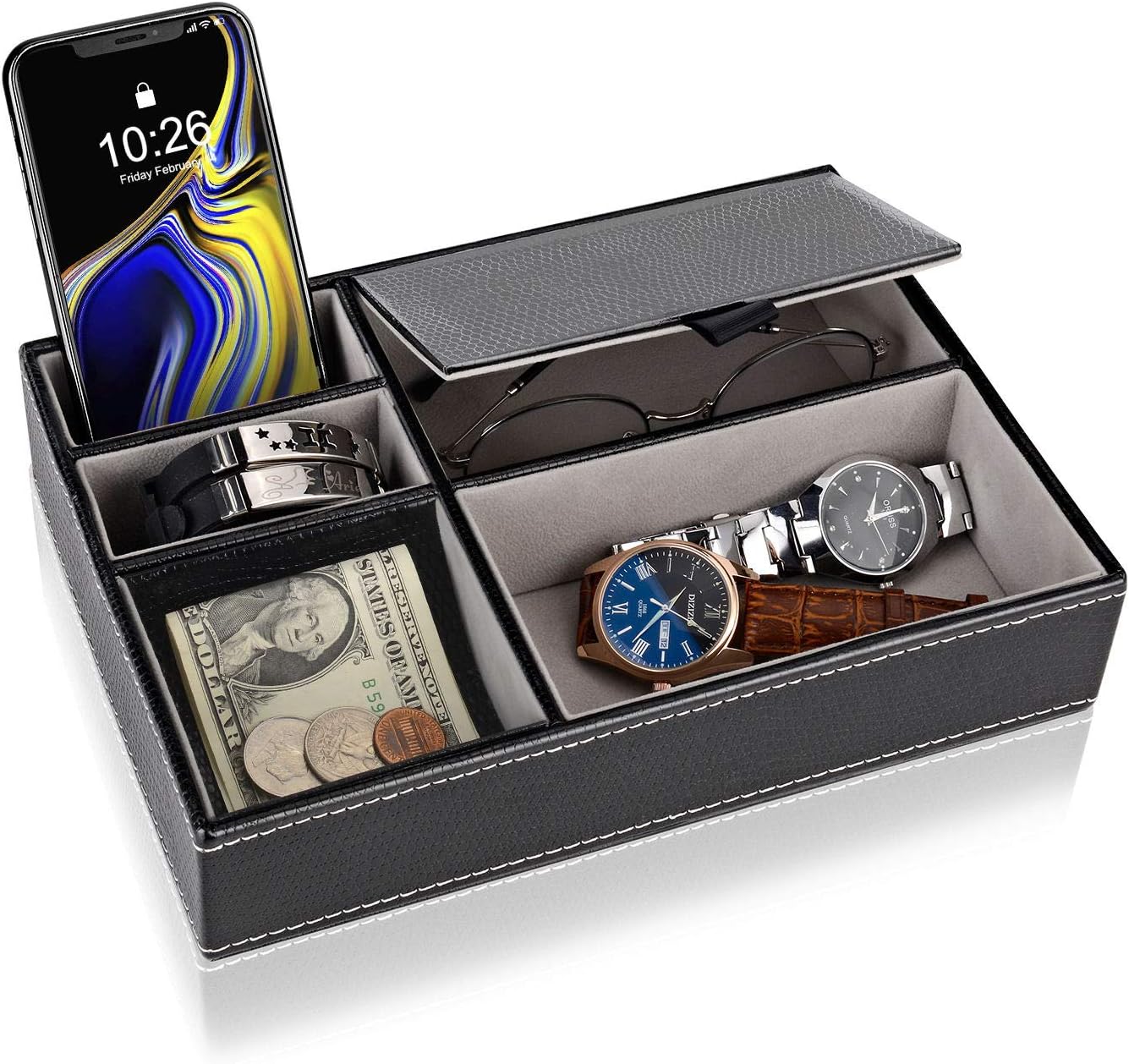Baoyun Mens Valet Tray Organizer, Mens Jewelry Box, Nightstand Organizer for Men with 5 compartments, Faux Leather Key Tray for Entryway Table, Bedside Storage for Watch, Coin, Phone Gifts for Men